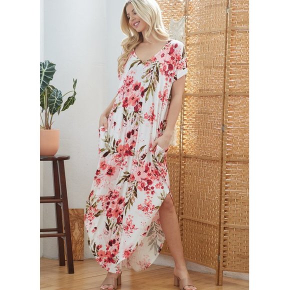 Dresses & Skirts - Cream Floral Print Maxi Dress With Side Slits